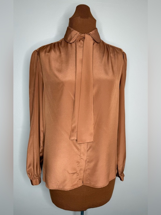 Neiman Marcus Tops - Neiman Marcus Jack Mulqueen Satin Tie-Neck Blouse Copper Brown Vintage Size 8